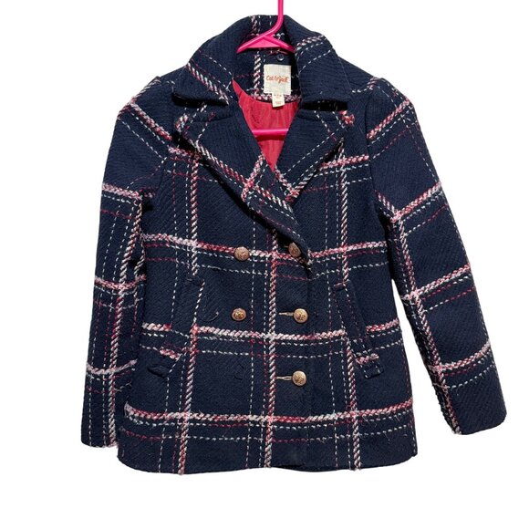 Cat & Jack Girls Plaid Peacoat Jacket M (7/8) Navy/Pink Wool Blend - Picture 1 of 6